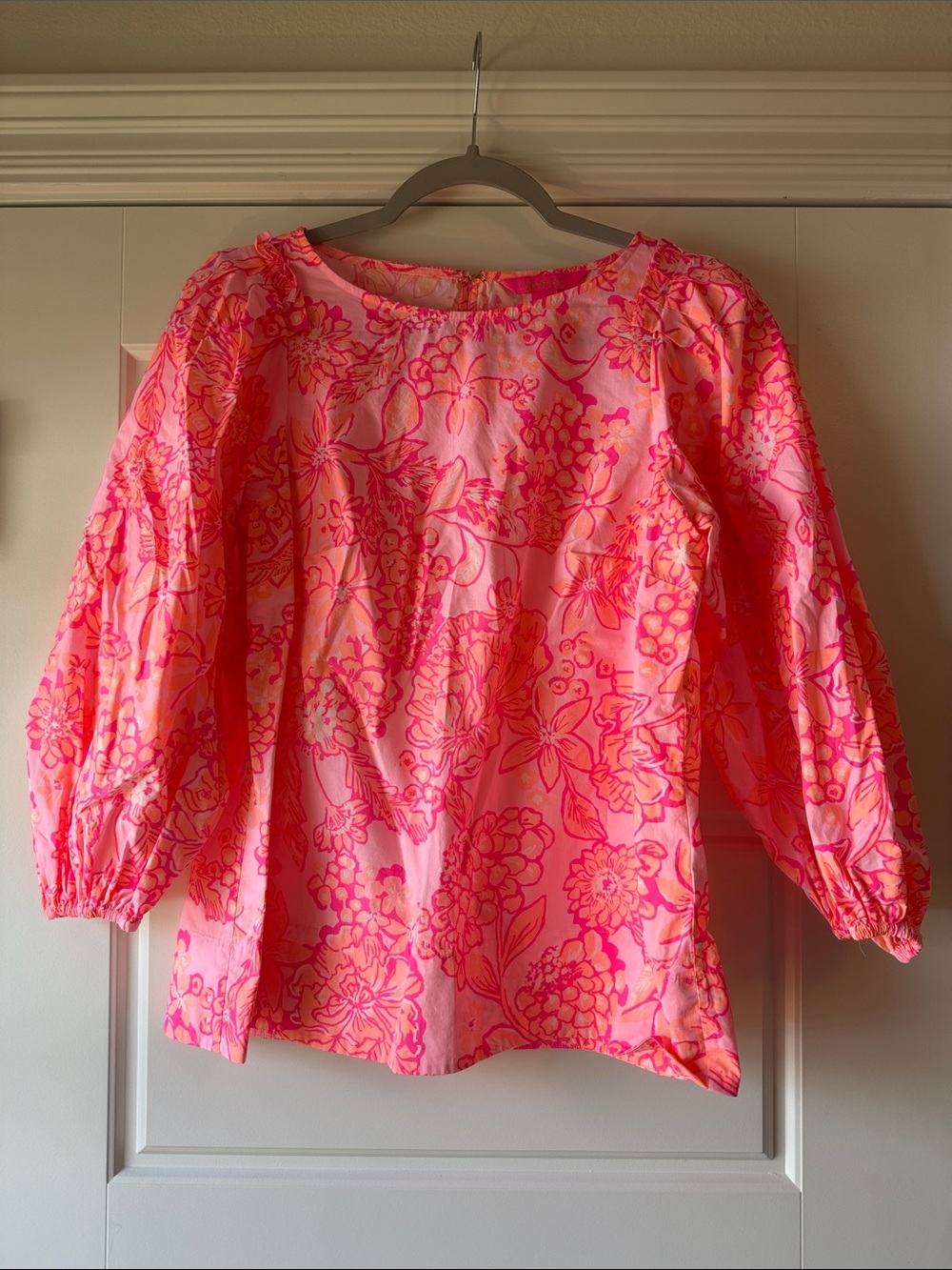 Lilly Pulitzer Neon Pink & Coral Floral Puff-Sleeve Blouse